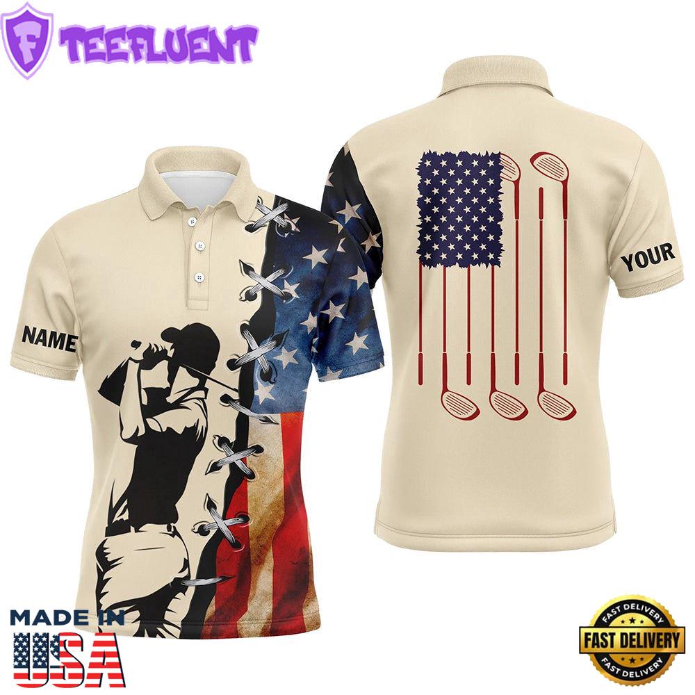 Vintage American Flag Mens Golf Polo Shirts Custom Name Golf Clubs Patriotic Team Mens