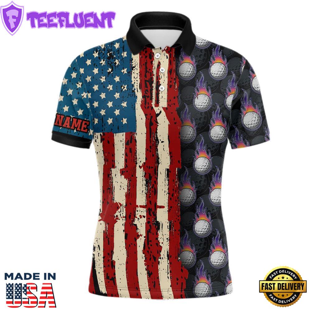Vintage American Flag Mens Golf Polos Shirts Custom Golf Ball Pattern Golf Polo Shirt