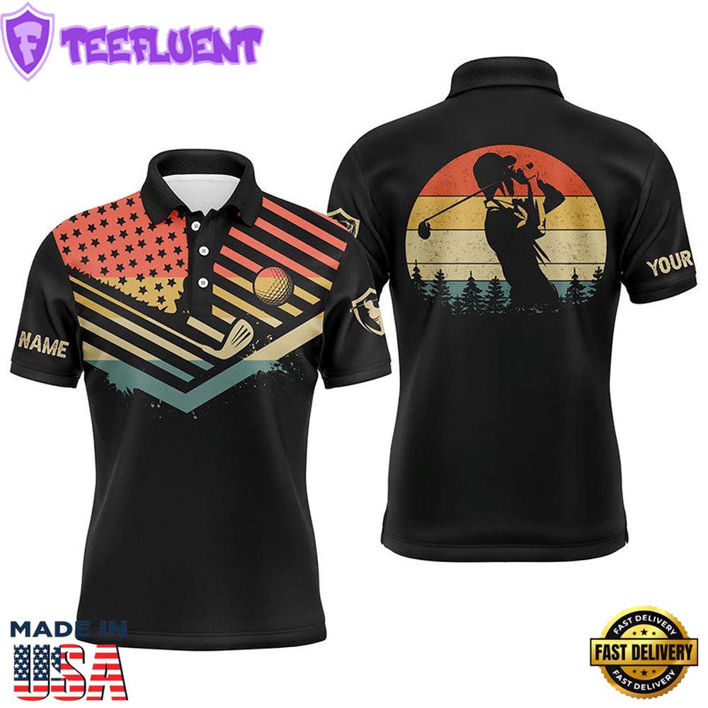 Vintage American Flag Mens Golf Polos Shirts Custom Name Golfing Gifts