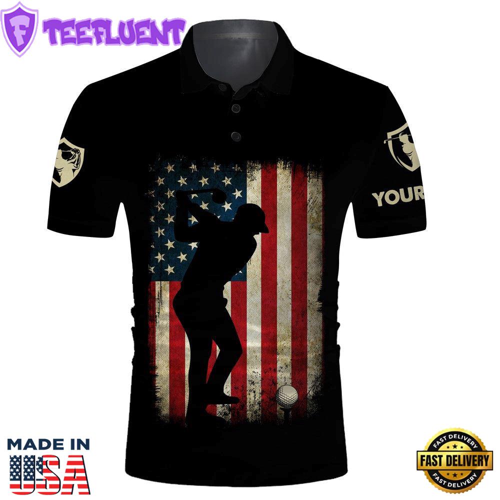 Vintage American Flag Patriotic Us Flag Custom Name Black Golf Polo Shirts - Golf Gift Ideas For Him