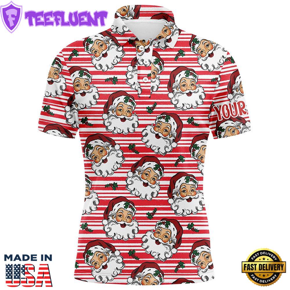 Vintage Cartoon Santa Claus With Holly Christmas Men Golf Polo Shirt Custom Cute Mens Golf Tops