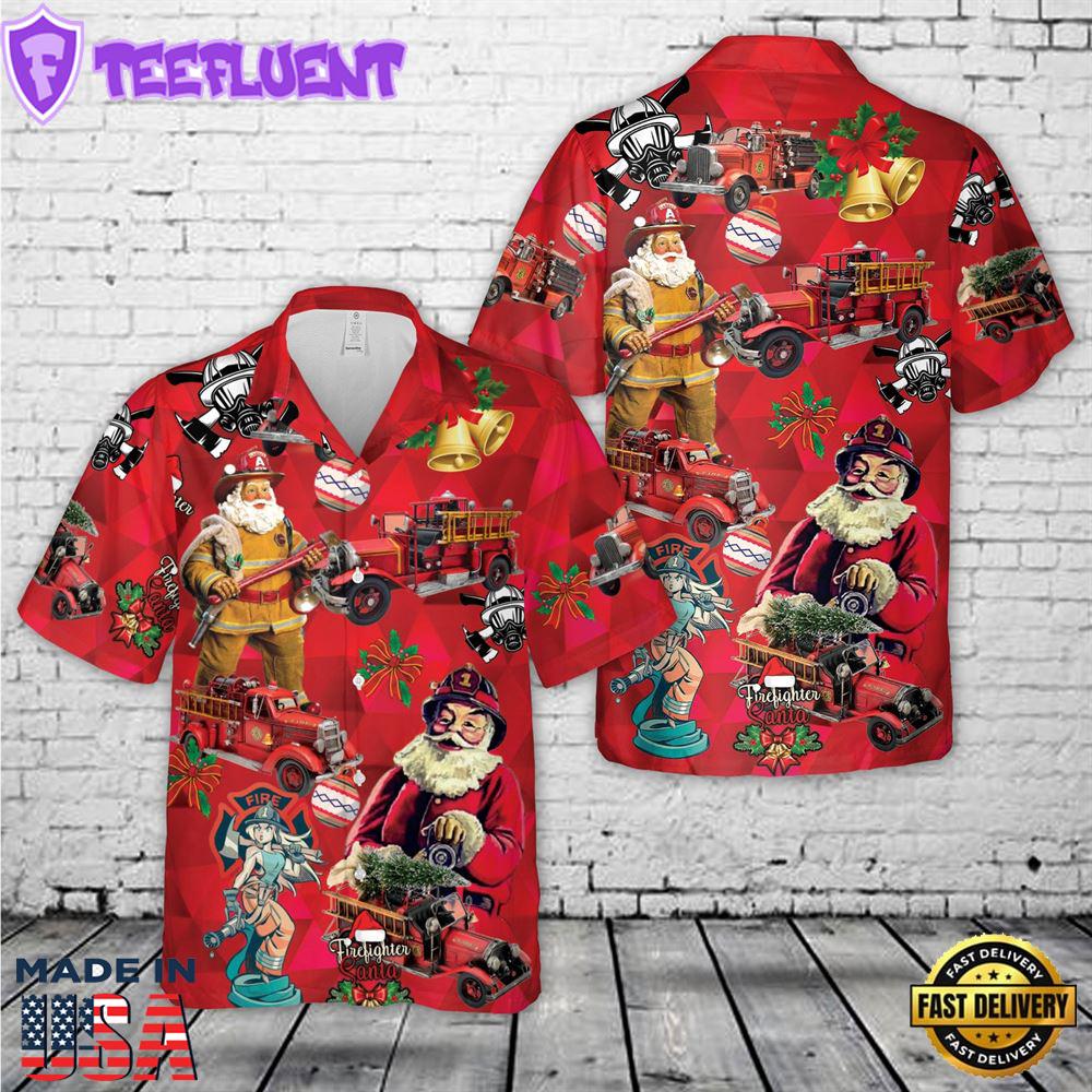 Vintage Firefighter Fire Truck Christmas Hawaiian Shirt