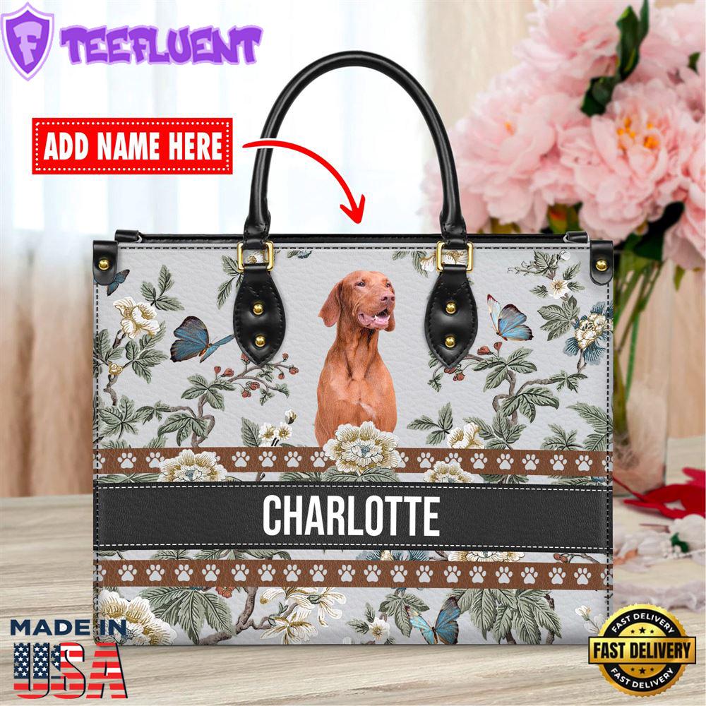 Vizsla Dog Bior Leather Handbag With Flowers And Butterfly