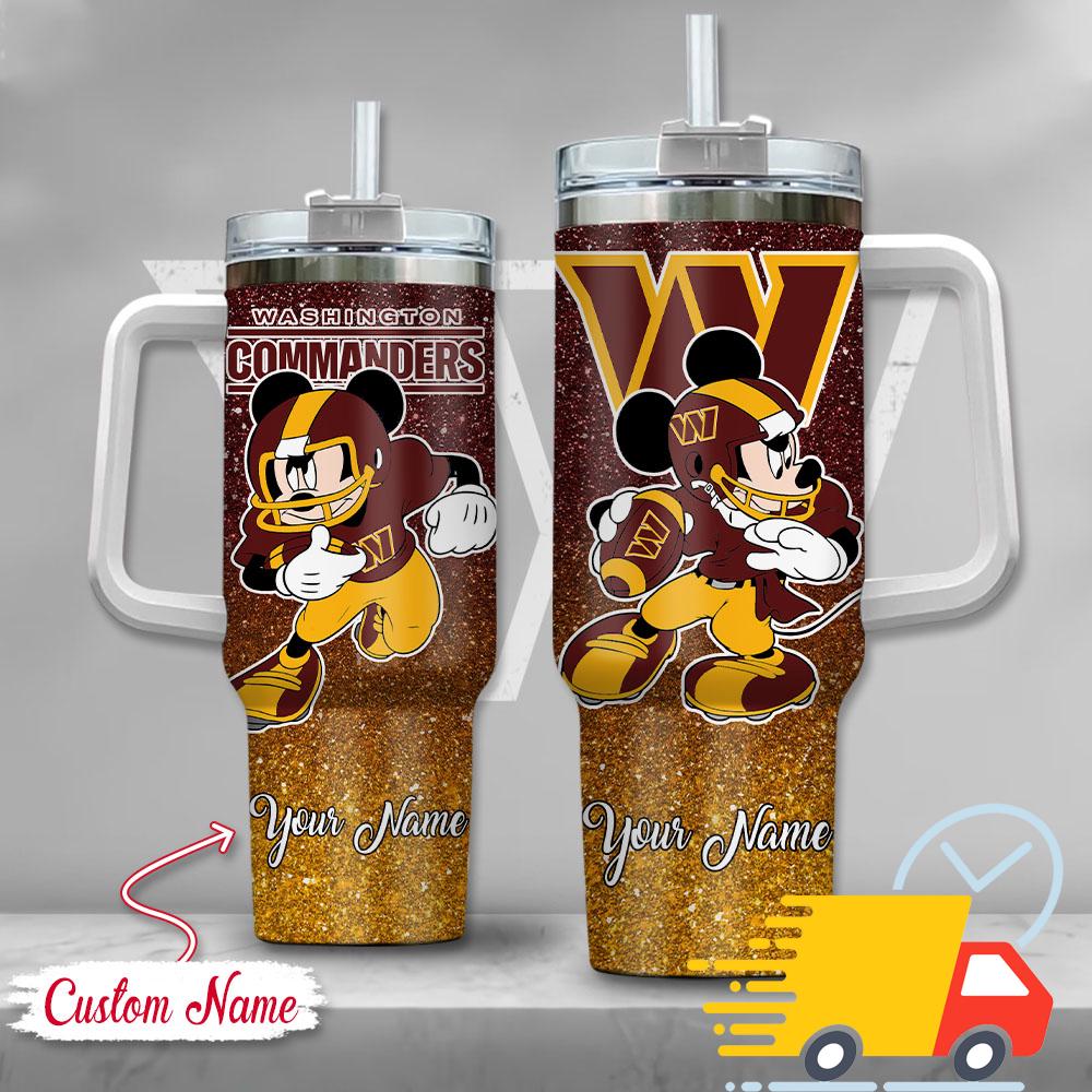 Washington Commanders NFL Mickey Mouse Glitter Custom Stanley Quencher 40oz Stainless Steel Tumbler With Handle