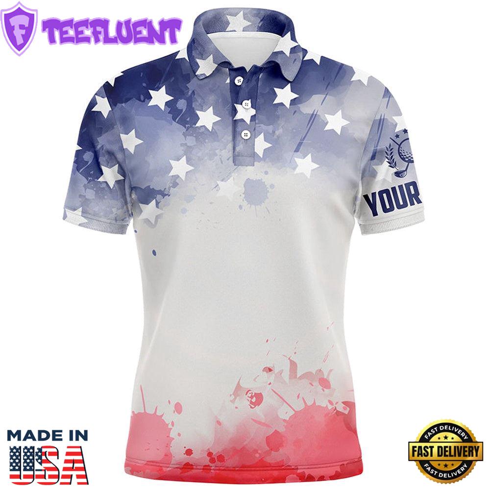 Watercolor American Flag Mens Golf Polo Shirt Patriotic Usa