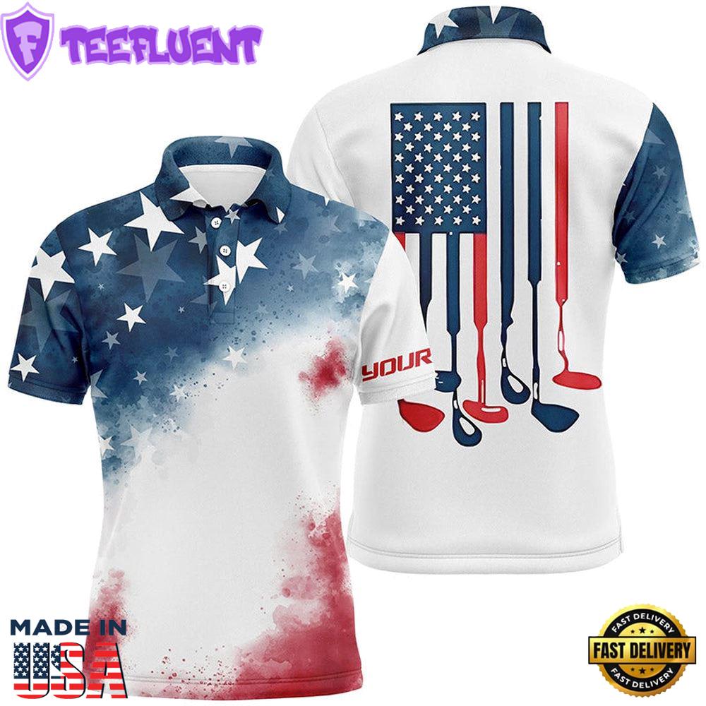 Watercolor American Flag Mens Golf Polo Shirts Patriotic Usa