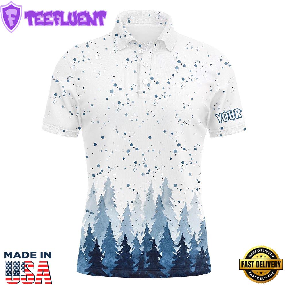 Watercolor Blue Christmas Trees & Snowfall Men Golf Polo Shirts Winter