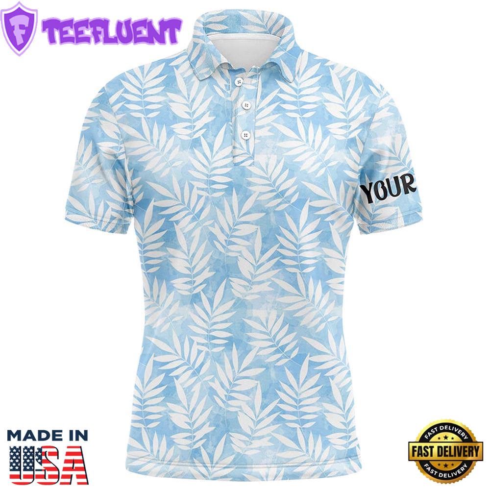 Watercolor Blue Leaves Tropical Pattern Mens Golf Polo Shirt Personalized Golf Tops