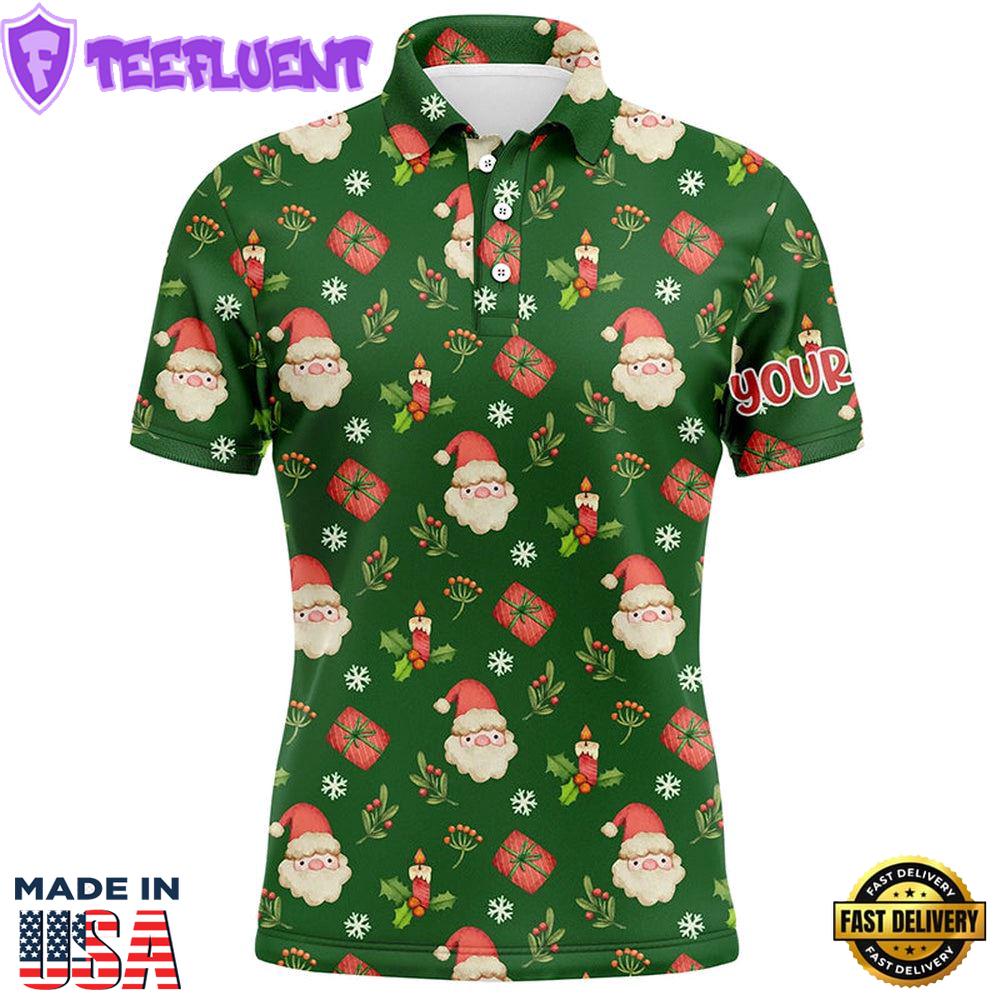 Watercolor Christmas Santa Gifts Green Golf Men Polo Shirts Custom Funny