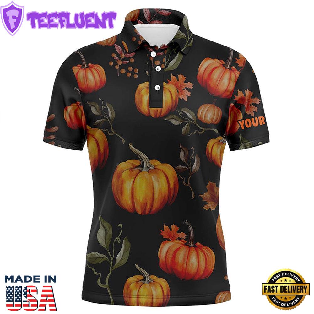 Watercolor Pumpkin Thanksgiving Mens Golf Polo Shirt Customized Fall Pattern