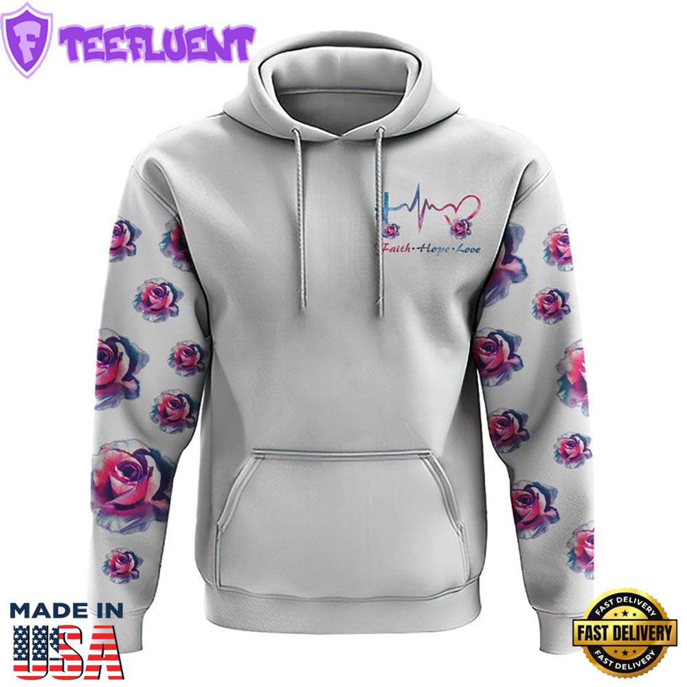 Watercolor Rose Faith Cross White 3D Hoodie