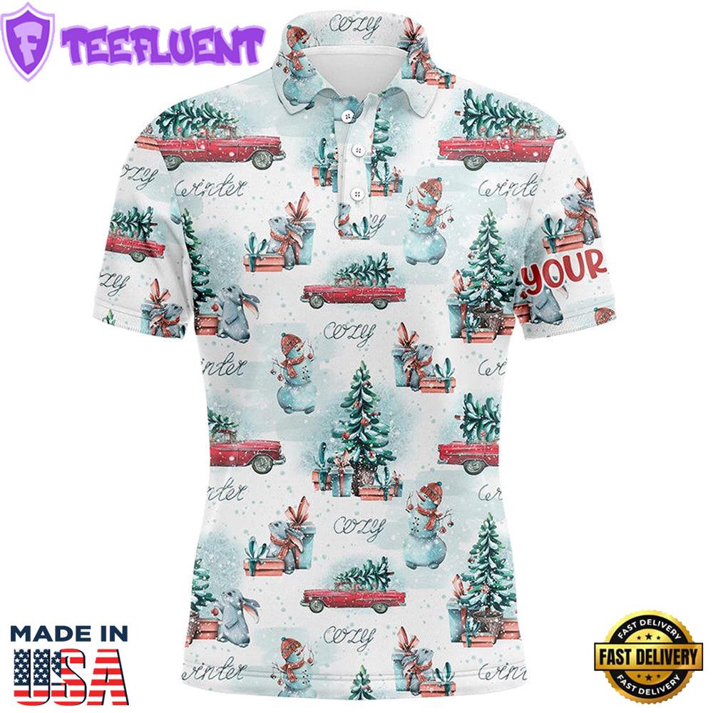 Watercolor Snowmen Christmas Trees Mens Golf Polo Shirt Custom Cozy Christmas