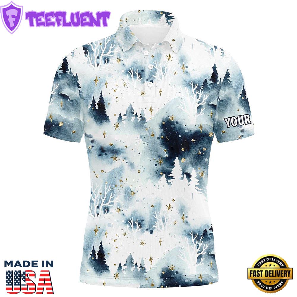 Watercolor Winter Forest Christmas Trees Men Golf Polo Shirts Christmas