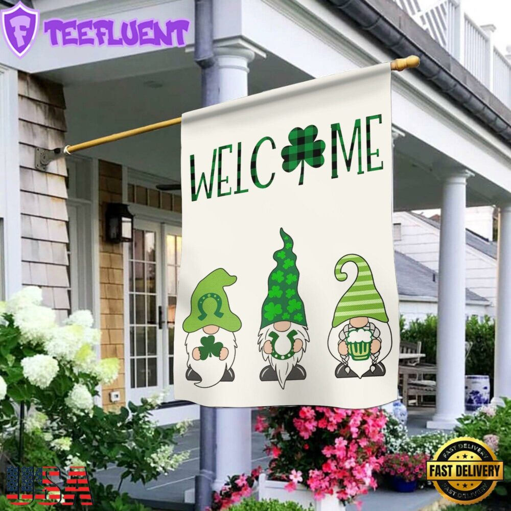 Welcome St. Patricks Day Green Gnomes Saint House And Garden Flag Decor