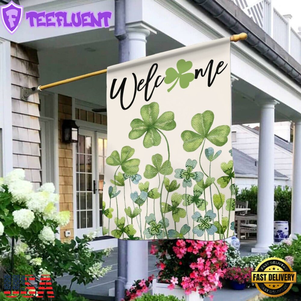 Welcome St. Patricks Day Green Shamrock Clover House And Garden Flag Decor