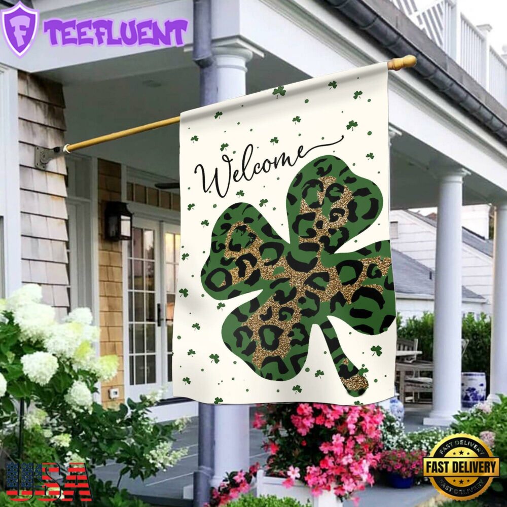 Welcome St. Patrick's Day Leopard Shamrock Clover House And Garden Flag Decor