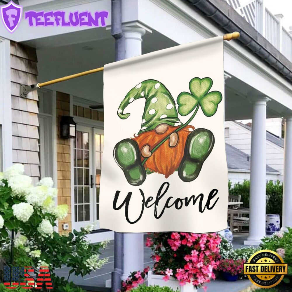 Welcome St. Patricks Day Polka Dot Leprechaun Gnome Shamrock House And Garden Flag Decor