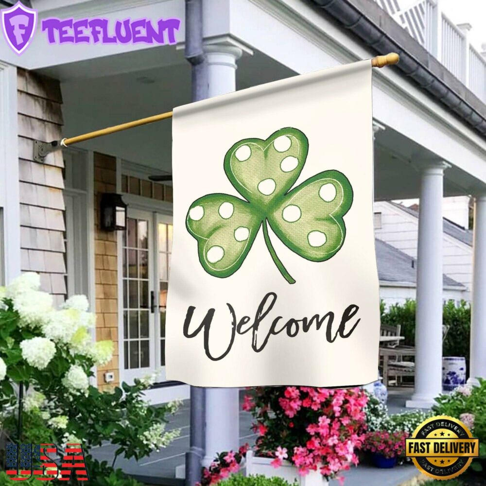 Welcome St. Patrick's Day Polka Dot Shamrock Clover House And Garden Flag Decor