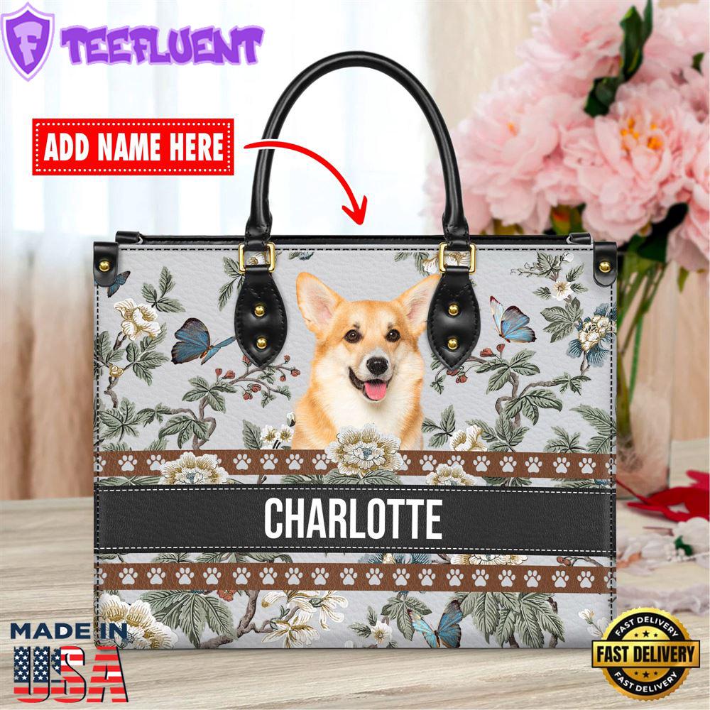 Welsh Corgi Dog Bior Leather Handbag With Flowers And Butterfly