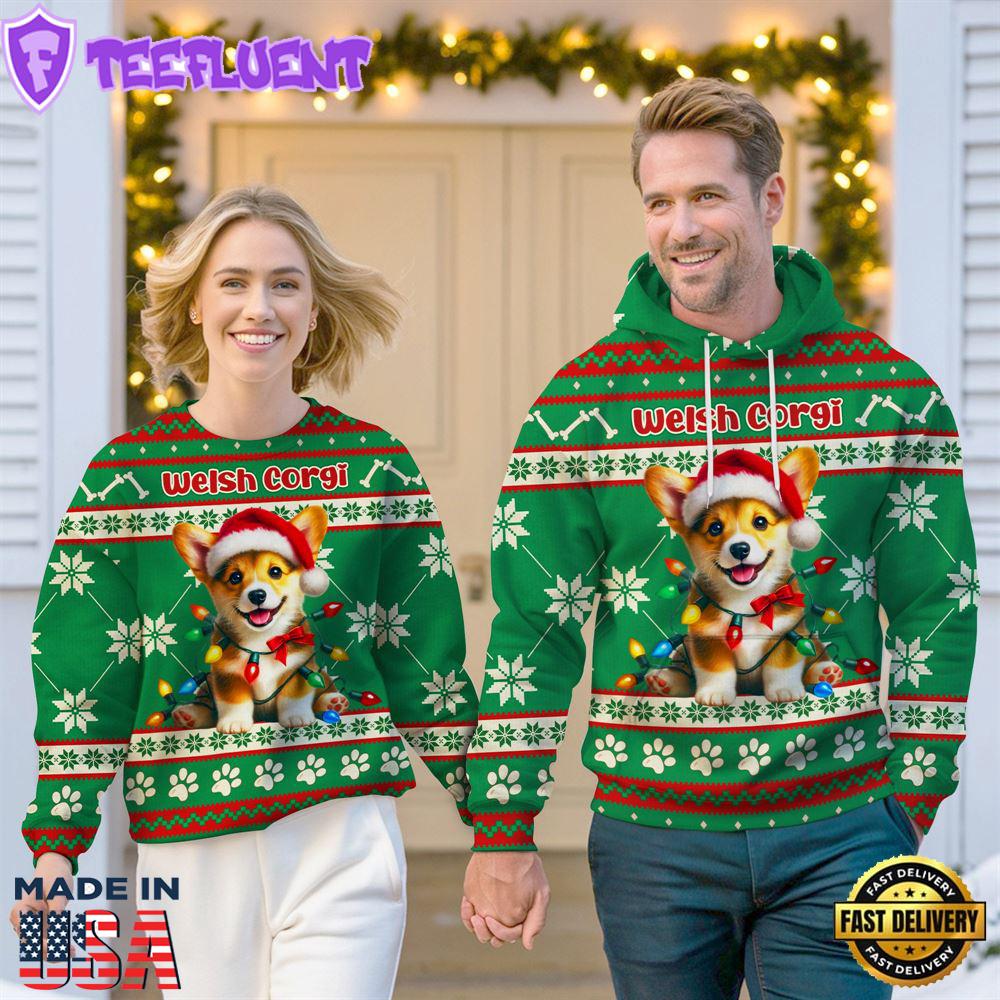 Welsh Corgi Dog Cheer with Santa Hat Christmas Sweatshirt And Hoodie Green