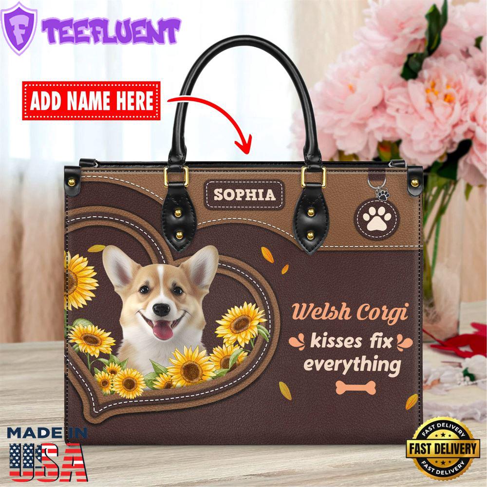 Welsh Corgi Dog Kisses Fix Everything Leather Handbag