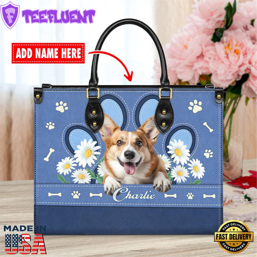 Welsh Corgi Dog Lover Leather Bag With Daisy Flowers