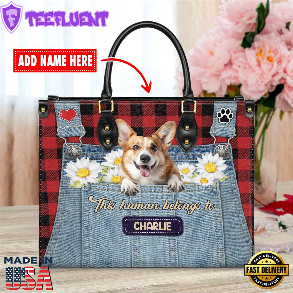 Welsh Corgi Dog This Human Belongs To Leather Handbag