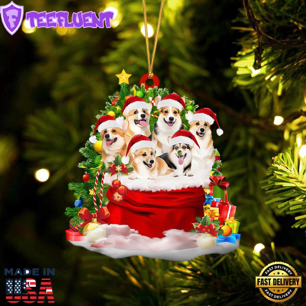 Welsh Corgi Dogs In A Gift Bag Christmas Ornament, Gift For Christmas