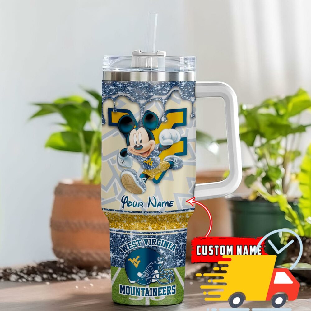 West Virginia Mountaineers NCAA Mickey Mouse Glitter Custom Stanley Quencher 40oz Stainless Steel Tumbler With Handle