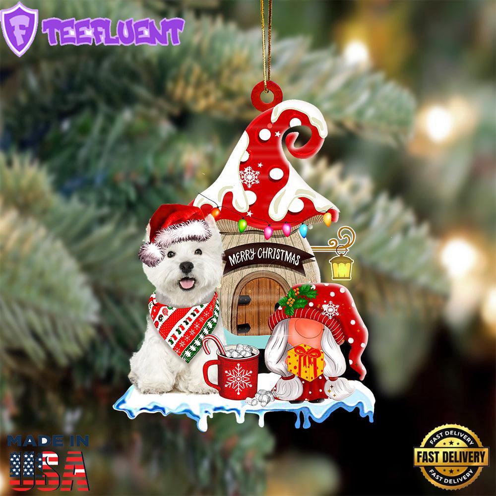 West-Highland-White-Terrier With Mushroom House Christmas Ornament, Gift For Christmas