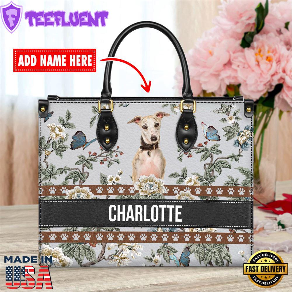 Whippet Dog Bior Leather Handbag With Flowers And Butterfly