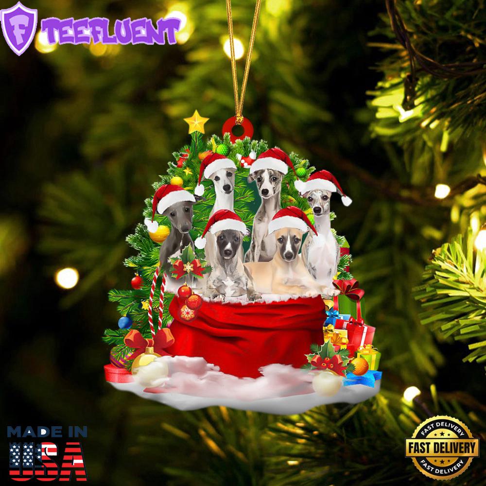 Whippet Dogs In A Gift Bag Christmas Ornament, Gift For Christmas