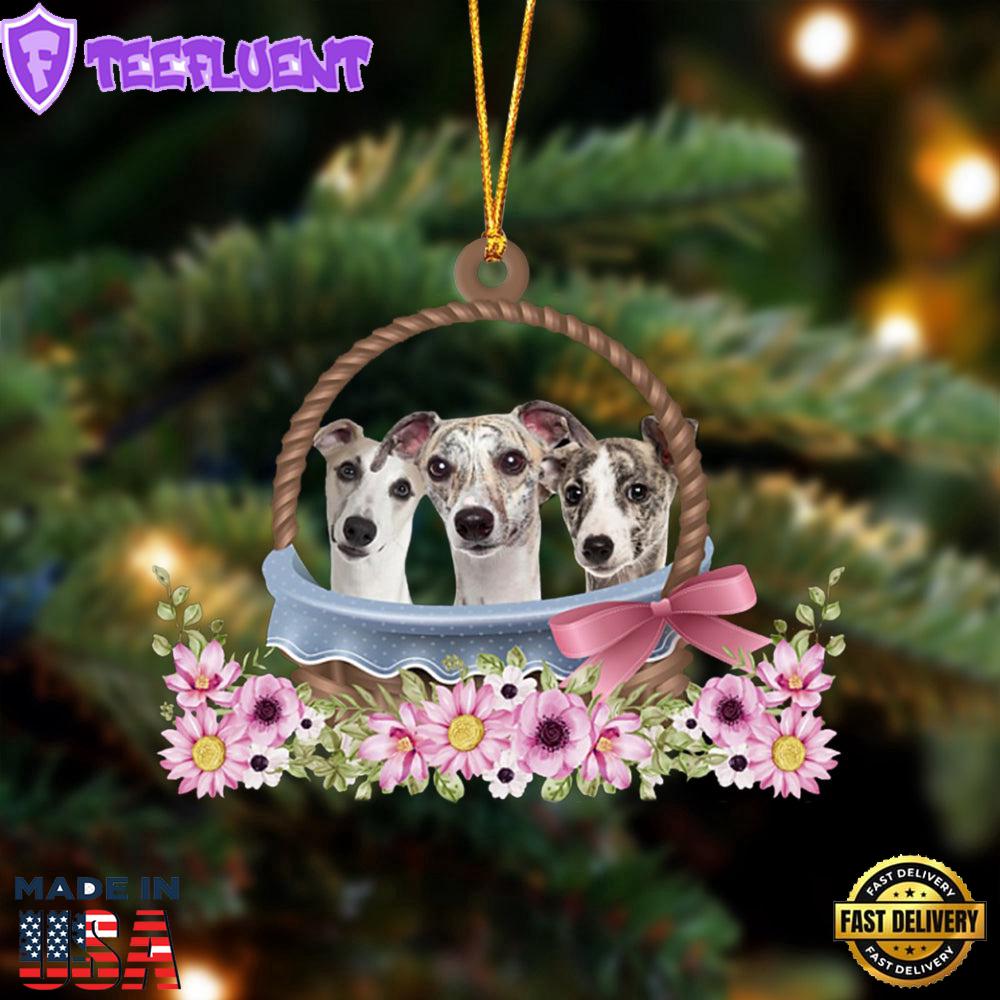 Whippet Dogs In The Basket Ornament, Gift For Christmas