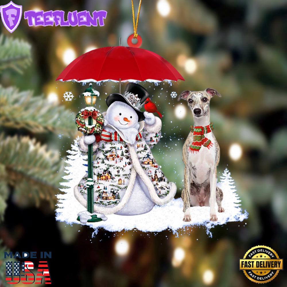 Whippet With Snowman Christmas Ornament, Gift For Christmas