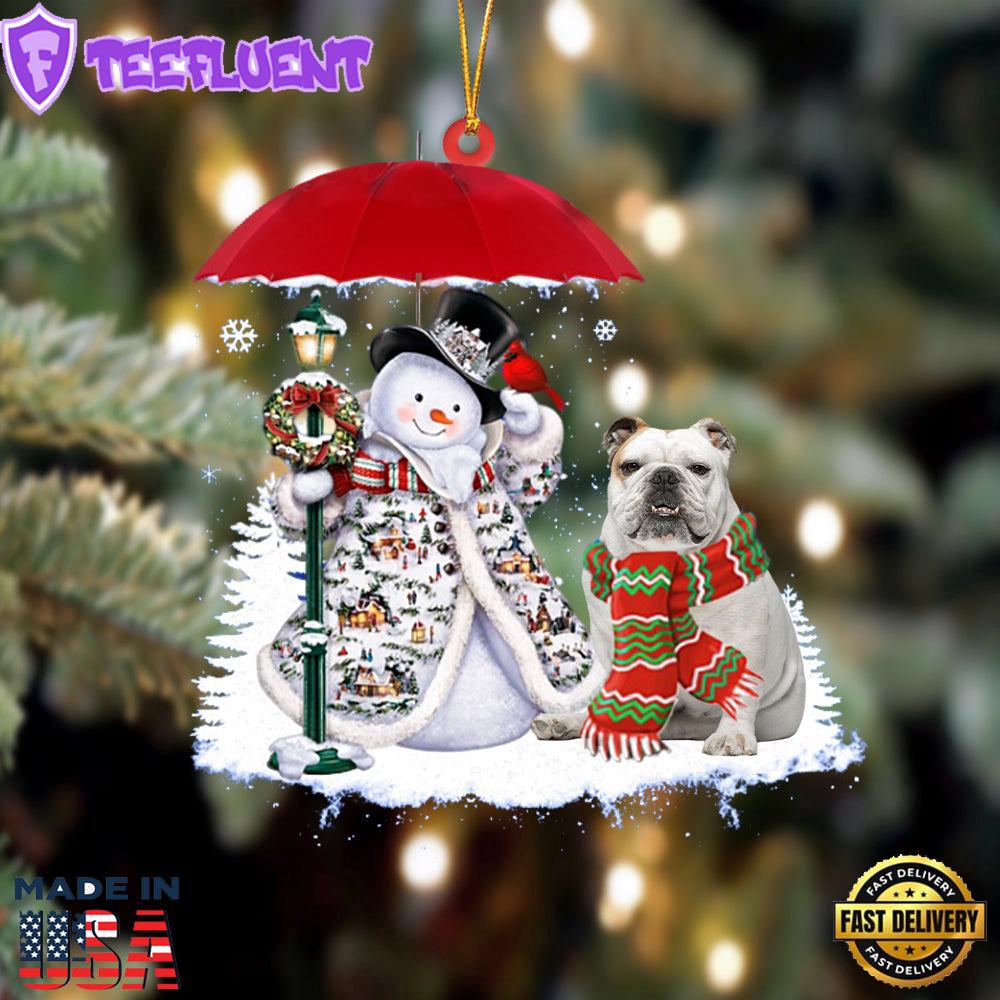 White American Bulldog With Snowman Christmas Ornament, Gift For Christmas