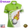 White And Green Mens Golf Polo Shirts Custom Golf Ball Fire Mens Golf Apparel, Green Golf Tops