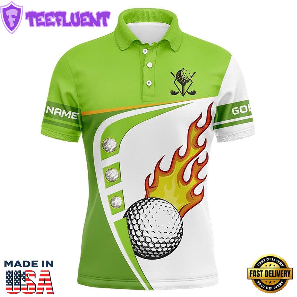White And Green Mens Golf Polo Shirts Custom Golf Ball Fire Mens Golf Apparel, Green Golf Tops