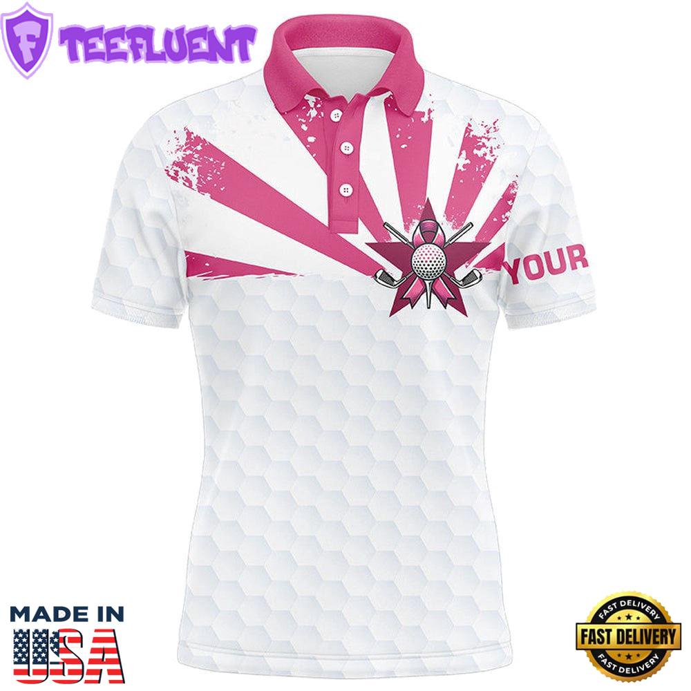 White And Pink Men Golf Polo Shirts Custom Breast Cancer Awareness Golf Tournament Shirts