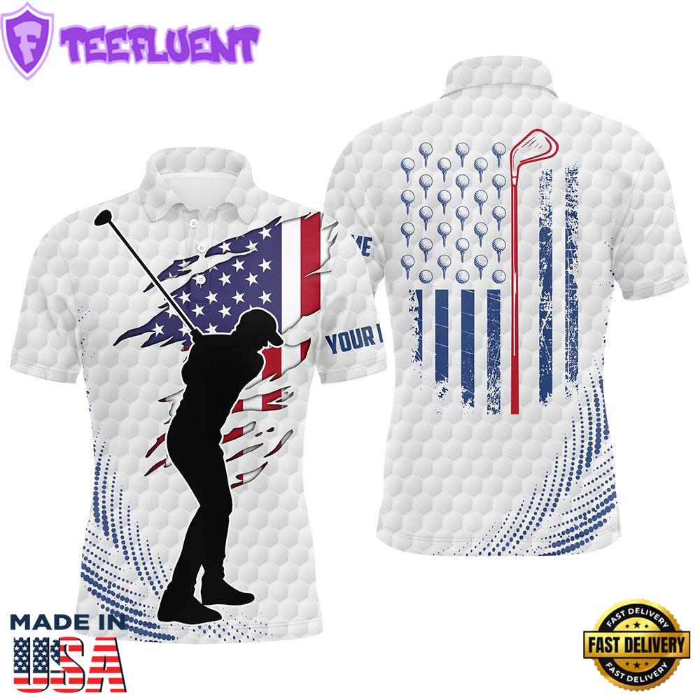 White Golf Ball Pattern Mens Golf Polo Shirts Custom American Flag Patriot Golf Apparel