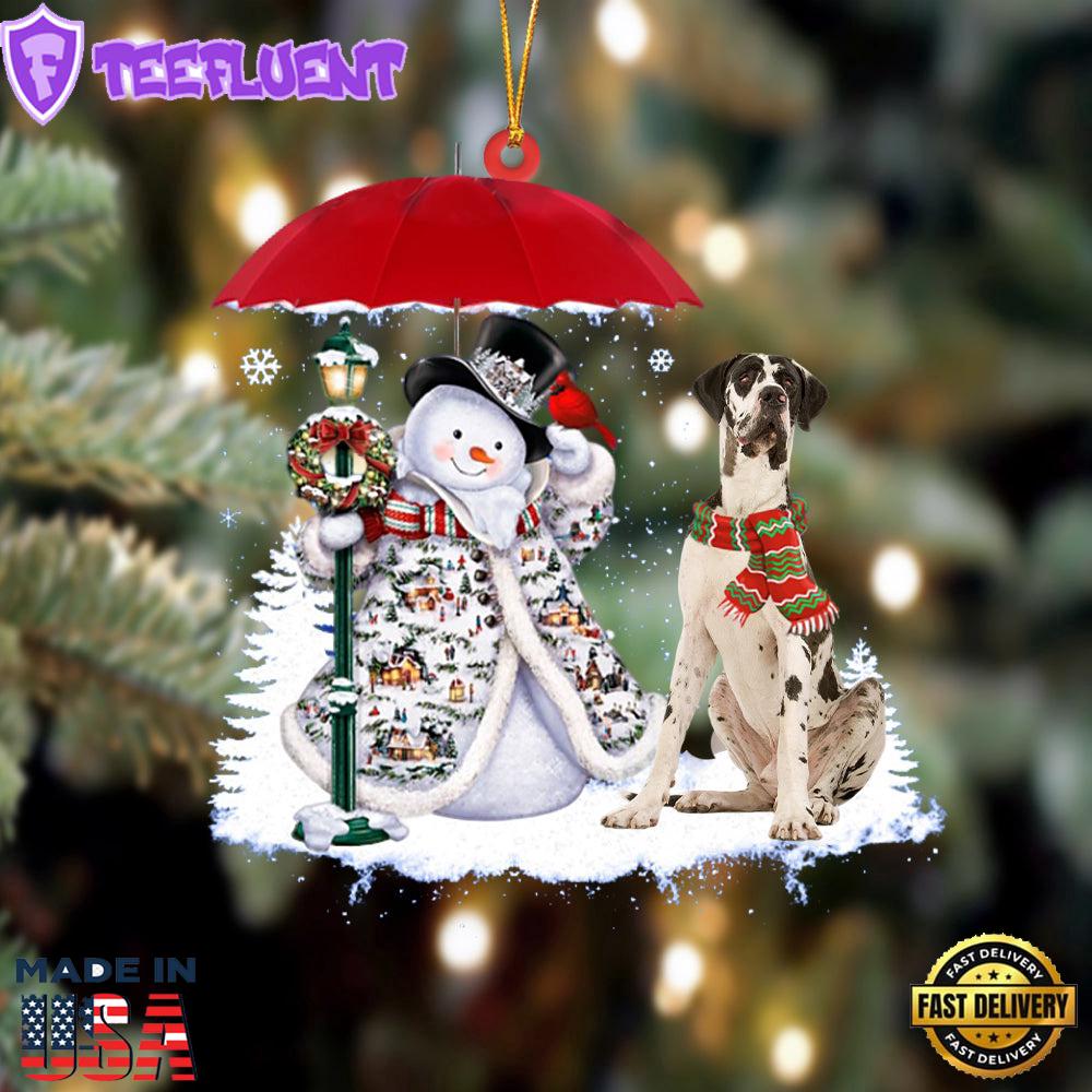 White Great Dane With Snowman Ornament, Gift For Christmas