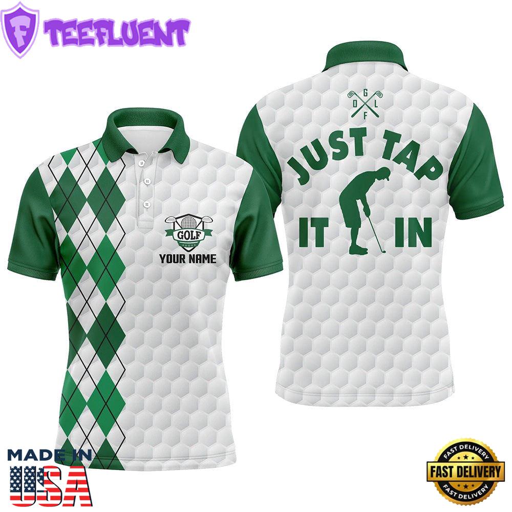 White Mens Custom Name Just Tap It In Green Argyle Pattern Team Mens Polo