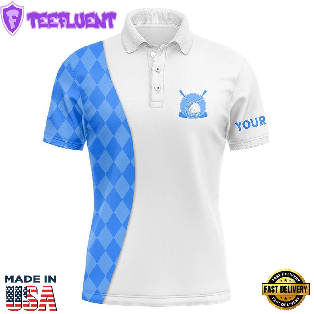 White Mens Golf Polo Shirts Custom Blue Argyle Plaid Pattern Golf Tops, Best Mens Golf Wear