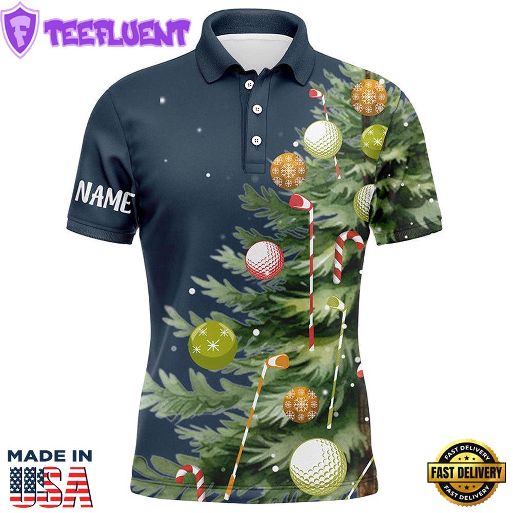 White Mens Golf Polo Shirts Custom Blue Christmas Tree Shirt