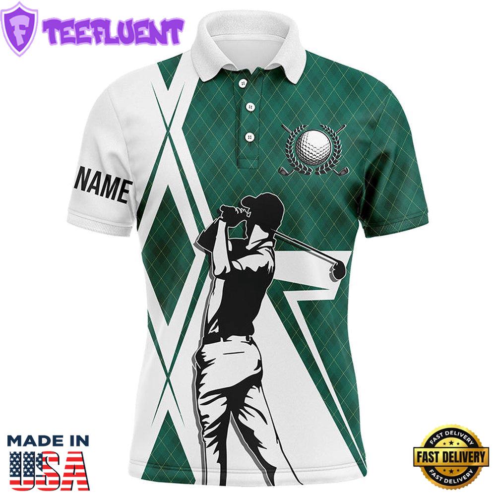 White Mens Golf Polo Shirts Custom Green Argyle Pattern