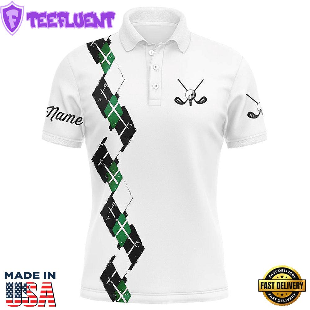 White Mens Golf Polo Shirts Custom Name Green And Black Plaid, Best Golf Gifts