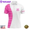 White Mens Golf Polo Shirts Custom Pink Argyle Plaid Pattern Golf Tops, Best Mens Golf Wear