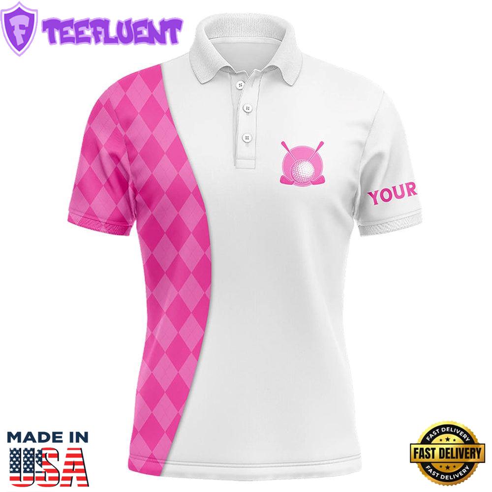 White Mens Golf Polo Shirts Custom Pink Argyle Plaid Pattern Golf Tops, Best Mens Golf Wear
