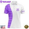 White Mens Golf Polo Shirts Custom Purple Argyle Plaid Pattern Golf Tops, Best Mens Golf Wear