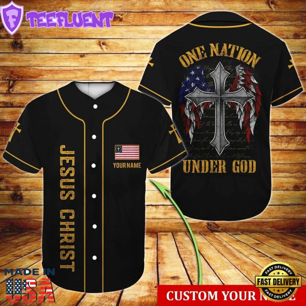 Wings American Flag Cross One Nation Under God Custom Baseball Jersey