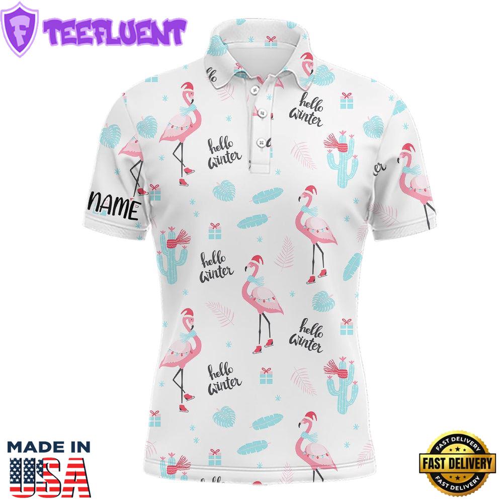 Winter Flamingo Christmas Golf Polo Shirts Mens Funny Golf Tops Best Golf Gifts For Male
